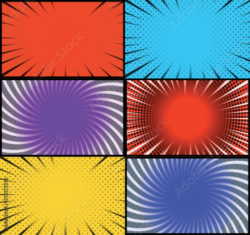 Comic book colorful frames background with halftone rays radial and dotted effects pop art style