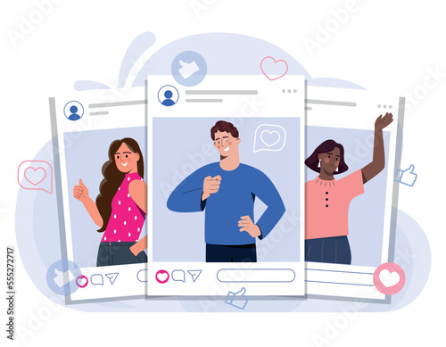 Social media concept. Men and women in photographs, posts on Internet. Modern technologies and digital world. Communication and interaction online, messengers. Cartoon flat vector illustration