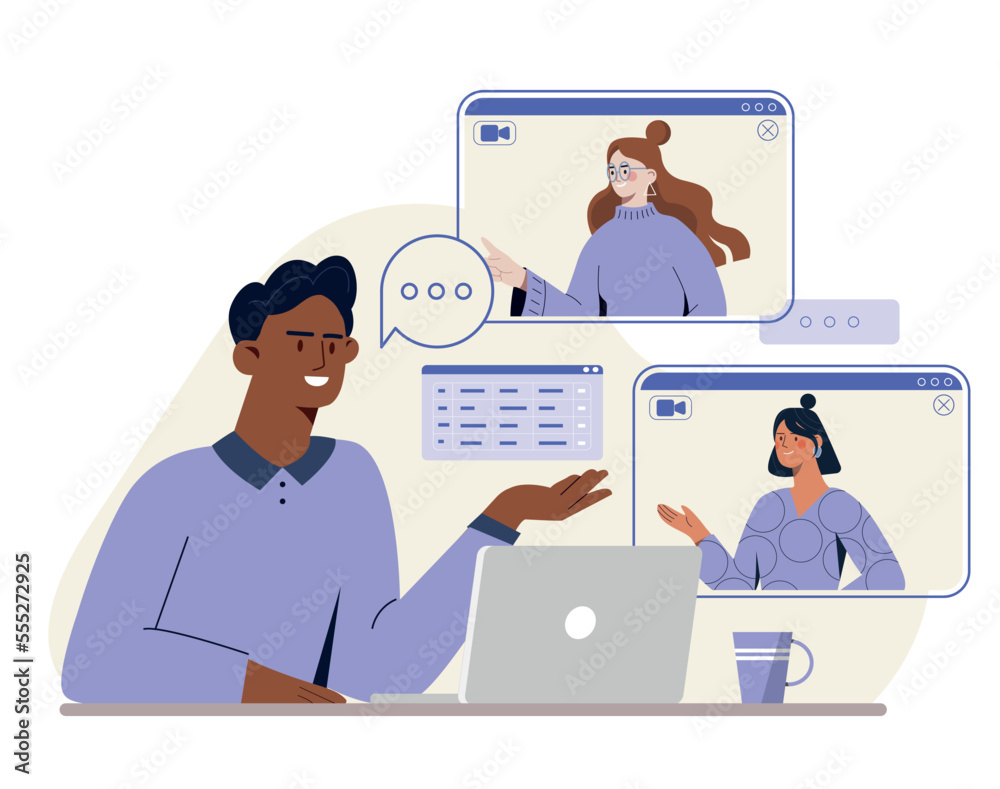 Video conference concept. Men and women communicate on Internet, remote employees and freelancers. Teamwork and partnerships. Modern technologies and digital world. Cartoon flat vector illustration Video conference concept. Men and women communicate on Internet, remote employees and freelancers. Teamwork and partnerships. Modern technologies and digital world. Cartoon flat vector illustration