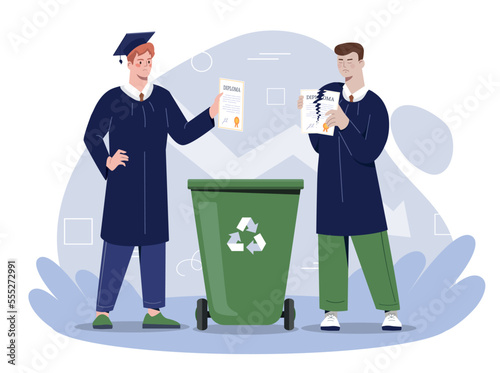 Unnecessary diploma concept. Men tearing up and throwing documents into trashcan. Higher education, university and young professionals. Poster or banner for website. Cartoon flat vector illustration