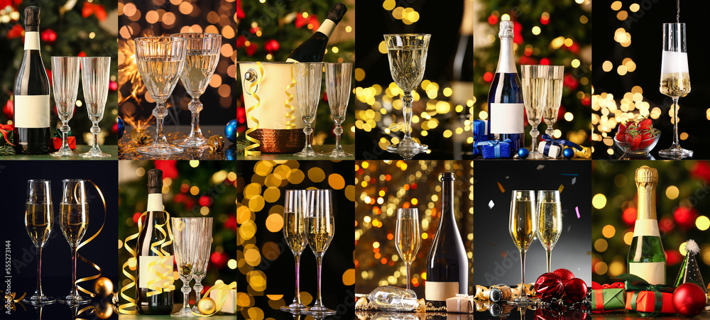 Naklejka premium Collection of delicious champagne with Christmas gifts and decorations