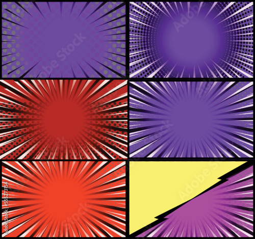 Comic book colorful frames background with halftone rays radial and dotted effects pop art style