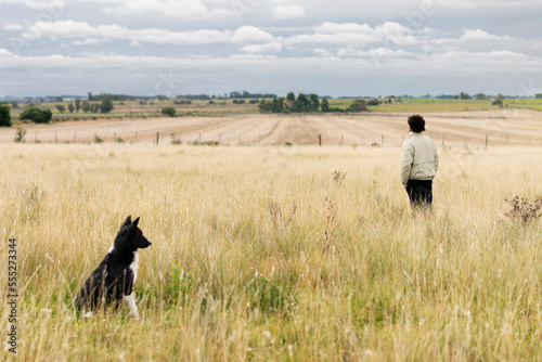 a man and his dog look at the landscape, a beautiful yellow field disappears into the horizon with clouds