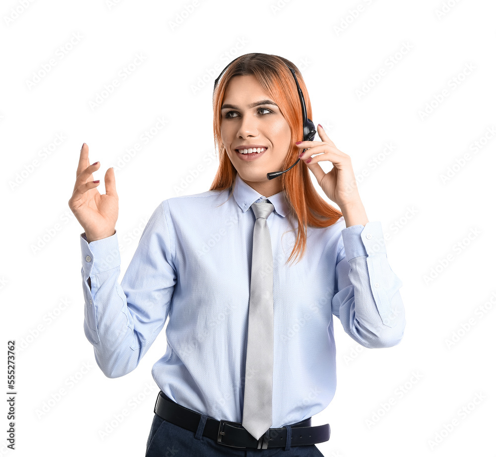 Beautiful transgender secretary in headset on white background Beautiful transgender secretary in headset on white background