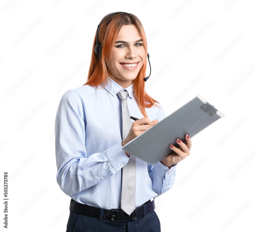 Beautiful transgender secretary in headset with clipboard and pen on white background Beautiful transgender secretary in headset with clipboard and pen on white background