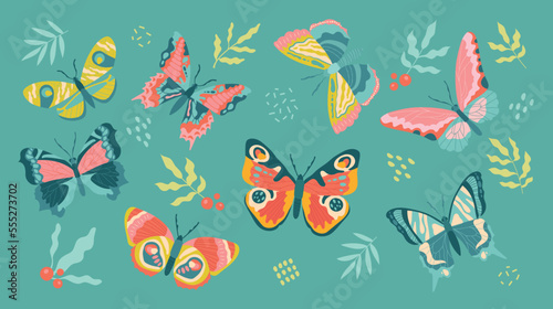 Set of butterflies. Collection of stickers for social networks and instant messengers. Multicolored winged insects, nature and fauna. Cartoon flat vector illustrations isolated on green background