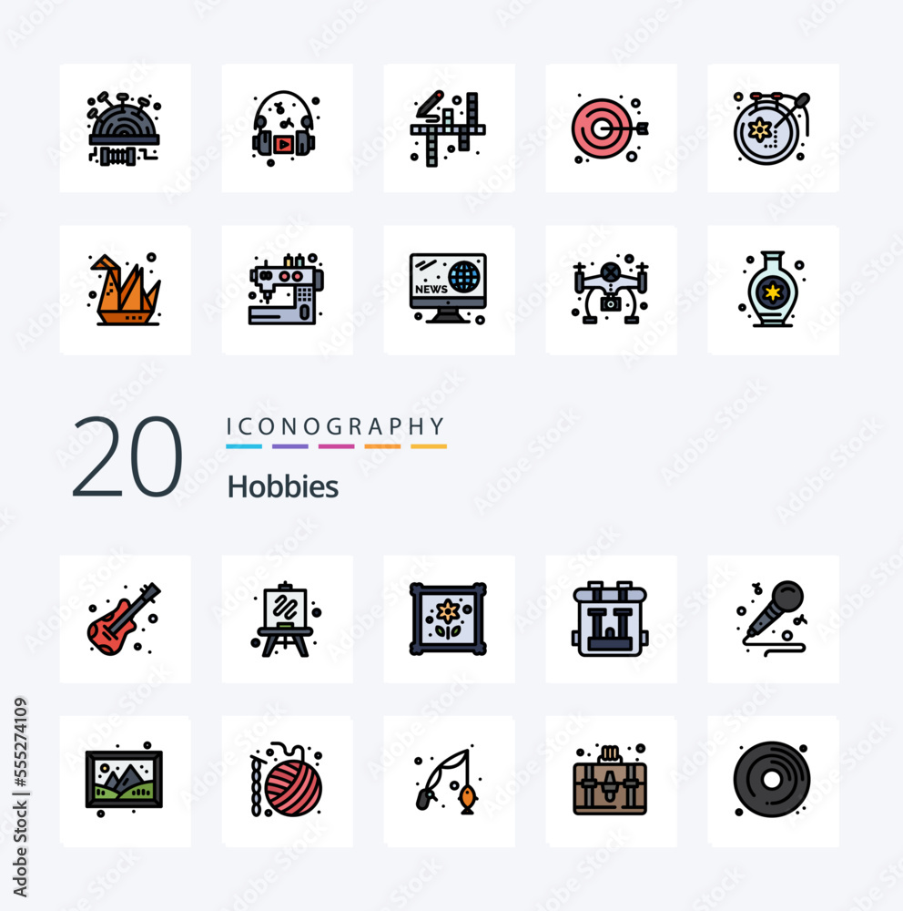 20 Hobbies Line Filled Color icon Pack like image hobbies hobby music hobby