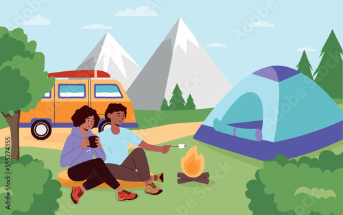 Camping with caravan. Young man and woman sitting near campfire and tent and roasting marshmallows. Active lifestyle and recreation. Poster or banner for website. Cartoon flat vector illustration