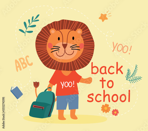Lion back to school. Charming animal with backpack next to letters. Greeting card for September 1, international day of knowledge. Education, learning and training. Cartoon flat vector illustration