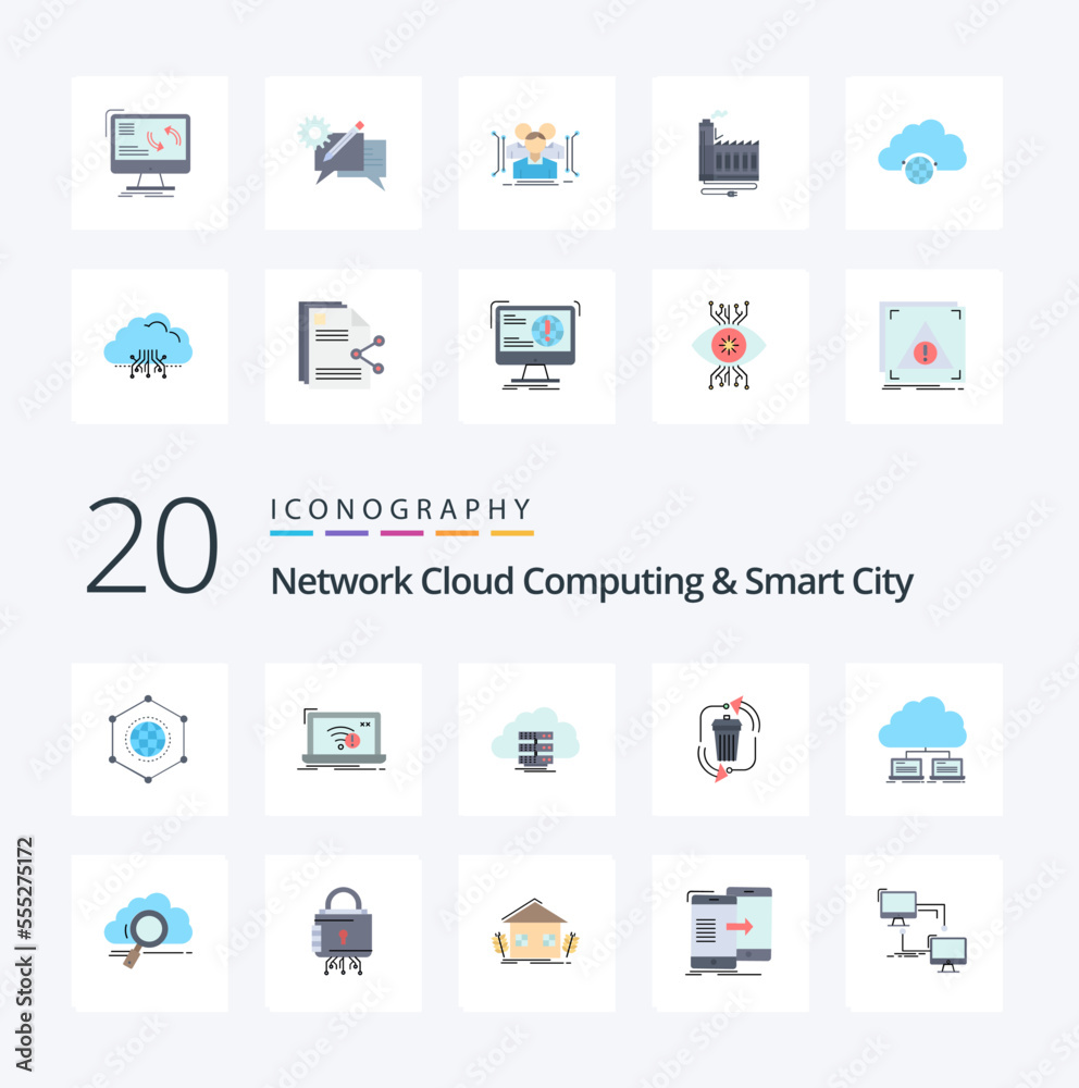 20 Network Cloud Computing And Smart City Flat Color icon Pack like garbage waste lost flow computing