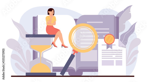 Intellectual property concept. Woman with magnifying glass evaluates documents and books. Copywriter and freelancer, talented author. Creative personality, copyright. Cartoon flat vector illustration