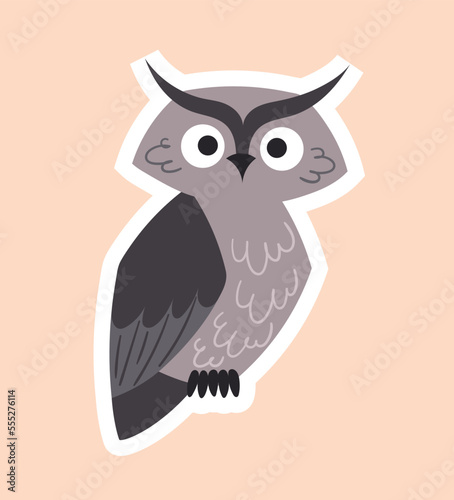 Owl in paper style. Gray bird looking, charming and cute character. Graphic element for printing on fabric. Biology and zoology, fauna and wildlife metaphor. Cartoon flat vector illustration © Rudzhan