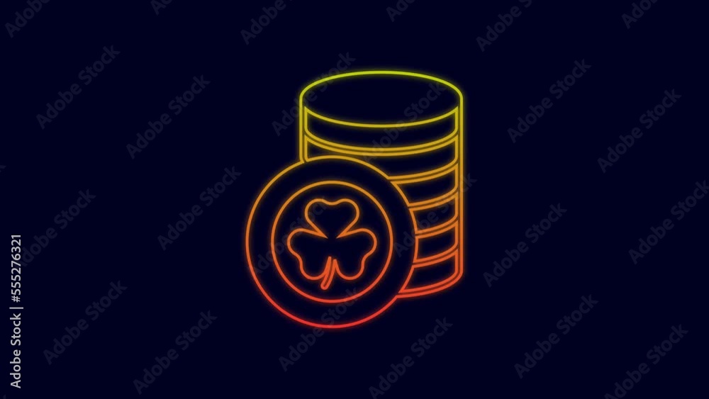 Glowing neon line Golden leprechaun coin with clover trefoil leaf icon isolated on blue background. Happy Saint Patricks day. National Irish holiday. 4K Video motion graphic animation Glowing neon line Golden leprechaun coin with clover trefoil leaf icon isolated on blue background. Happy Saint Patricks day. National Irish holiday. 4K Video motion graphic animation