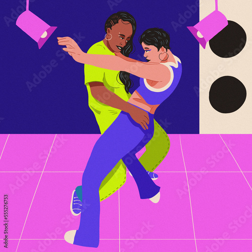 women dancing funk dancefloor spotlights purple background