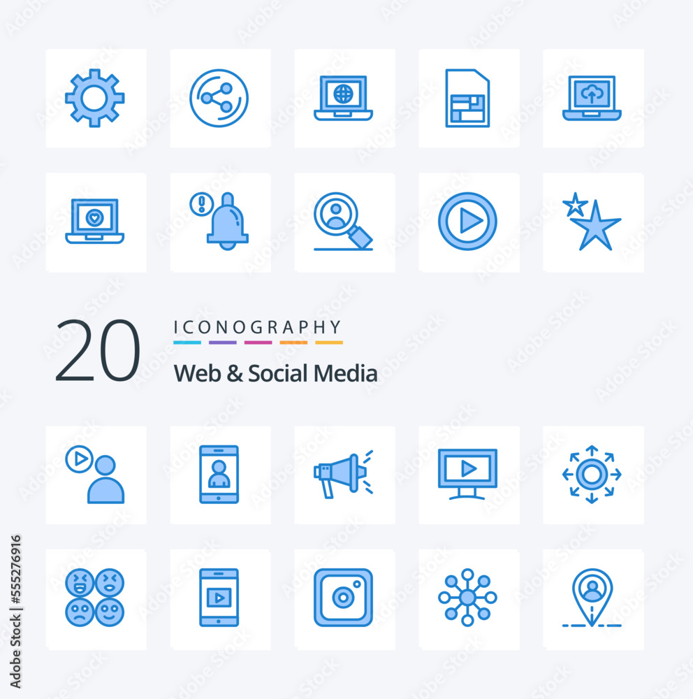 20 Web And Social Media Blue Color icon Pack like  circle seo data video