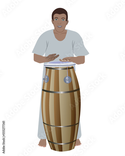 Brazilian man playing atabaque and capoeira music. Vector illustration isolated on white background.