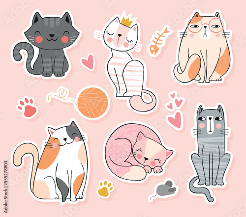 Cute cats icons. Charming and adorable kittens. Love, tenderness and care. Collection of stickers for social media and messengers. Cartoon flat vector illustrations isolated on pink background