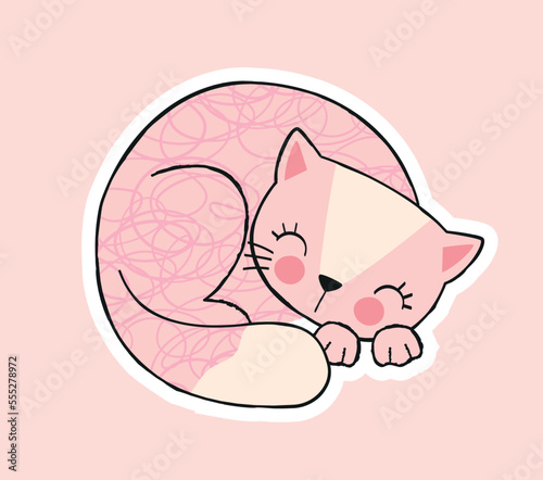 Cute cat icon. Charming pink kitten lies and sleeps. Positive and lazy character. Sticker for social media and messengers. Label for childrens notebooks and diaries. Cartoon flat vector illustration
