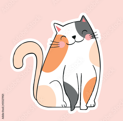 Cute cat icon. Multicolored gray white and orange kitten sits and smiles. Reaction for messengers, sticker for social networks and messengers. Positivity and optimism. Cartoon flat vector illustration