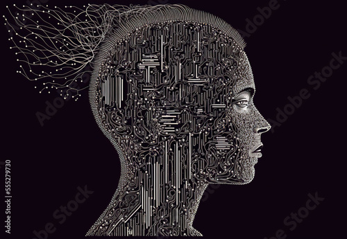 profile of a person´s head full of cables wires conexions, gears, generative ai, artificial intelligence