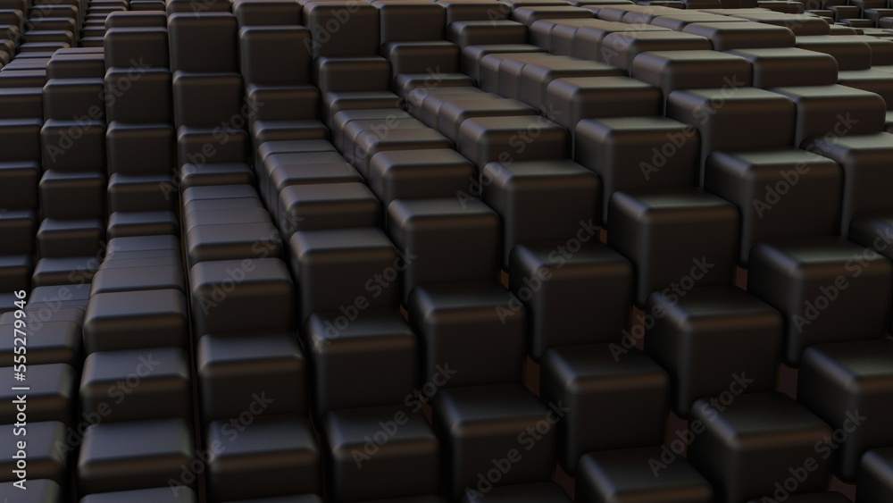 Abstract background with waves made of a lot of dark metallic black cubes geometry primitive forms that goes up and down under brown-white lighting. 3D illustration. 3D CG. High resolution.