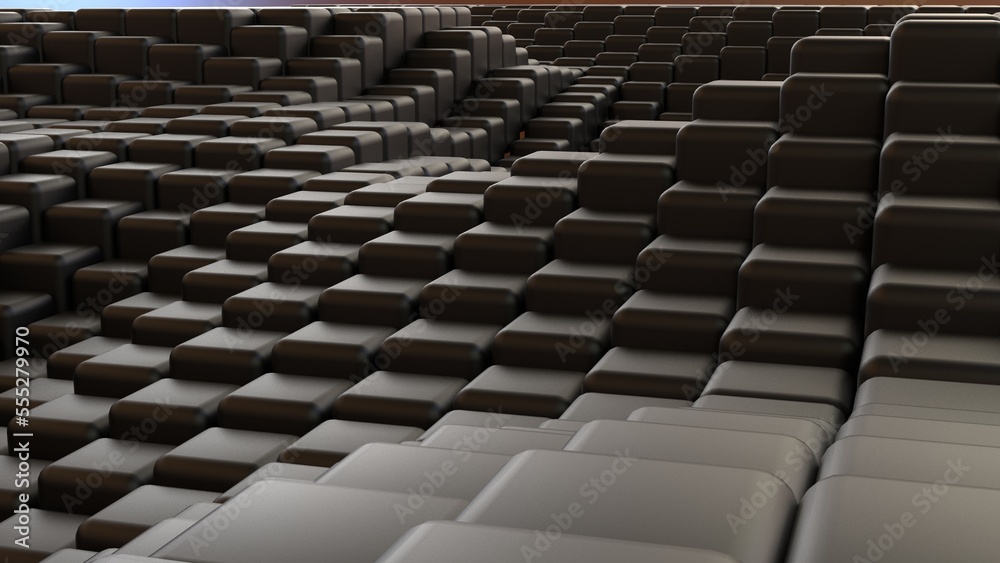 Abstract background with waves made of a lot of dark metallic black cubes geometry primitive forms that goes up and down under brown-white lighting. 3D illustration. 3D CG. High resolution. Abstract background with waves made of a lot of dark metallic black cubes geometry primitive forms that goes up and down under brown-white lighting. 3D illustration. 3D CG. High resolution.
