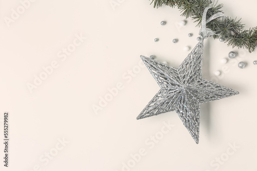 Composition with coniferous branch, Christmas star and balls on light background © Pixel-Shot