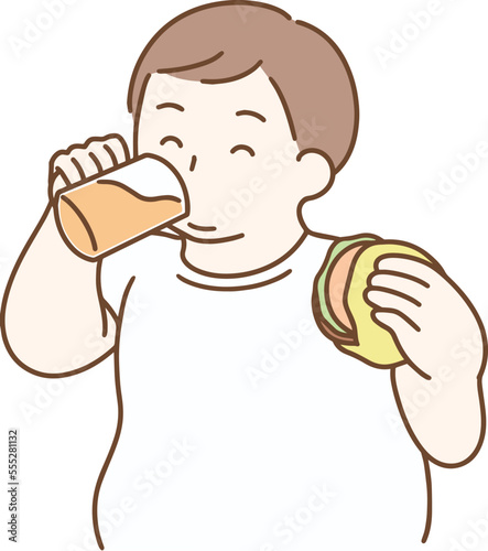 飲酒にカロリーの高い食べ物を食べるふくよかな男性　シンプルイラスト