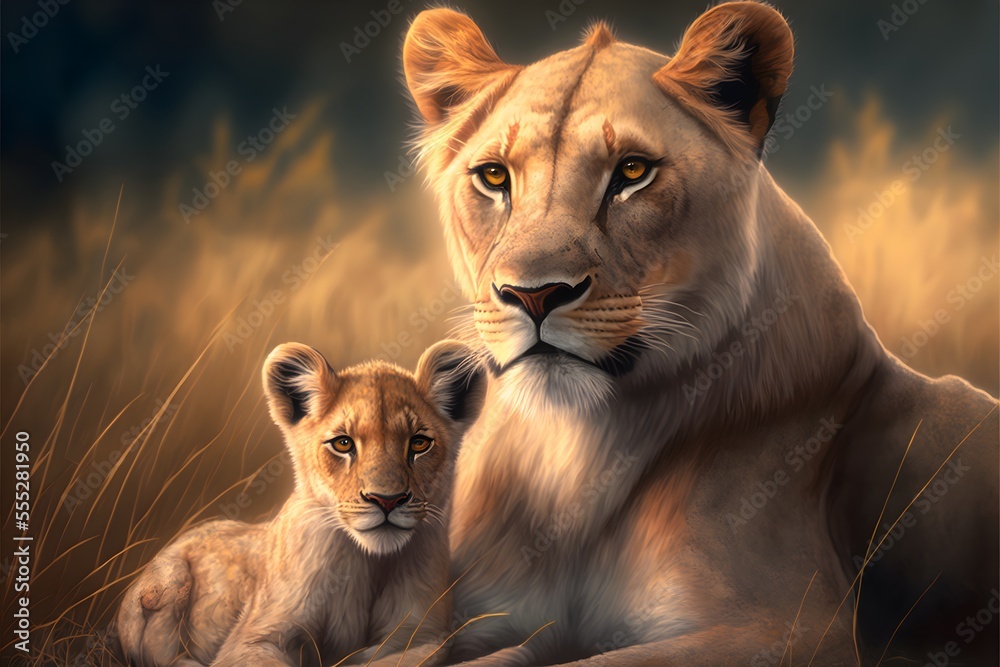 Lioness mother and her calf happy together in a daytime scene in the wild,  realistic digital illustration suitable for representing mother strength  and mother's day Illustration Stock | Adobe Stock