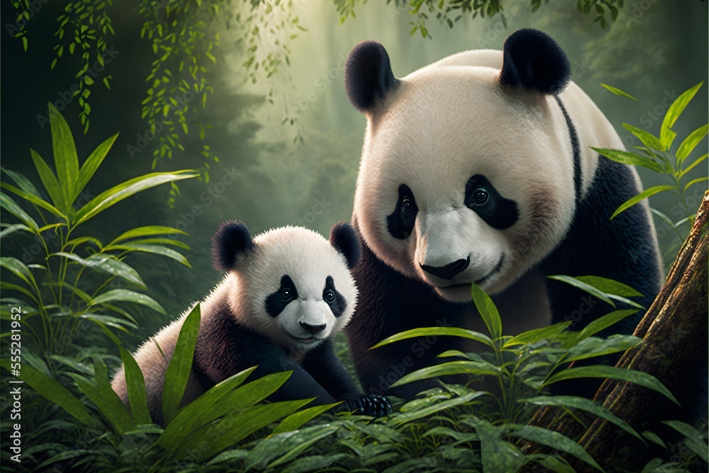 Fototapeta premium Mother panda and her cub happy together in a daytime scene in the wild, realistic digital illustration suitable for representing mothers and mother's day