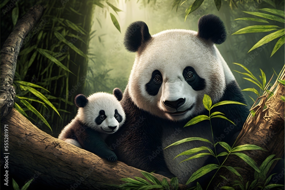 Mother panda and her cub happy together in a daytime scene in the wild ...