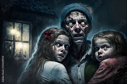 High quality illustration of a family transformed into a scary zombie