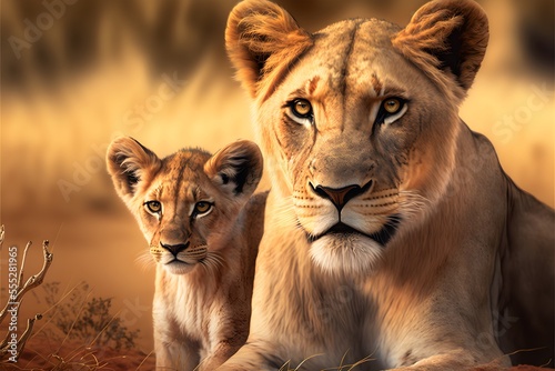 Lioness mother and her calf happy together in a daytime scene in the wild, realistic digital illustration suitable for representing mother strength and mother's day