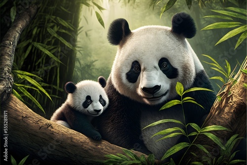 Mother panda and her cub happy together in a daytime scene in the wild, realistic digital illustration suitable for representing mothers and mother's day