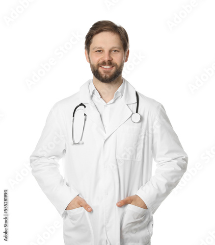 Doctor or medical assistant (male nurse) in uniform with stethoscope on white background