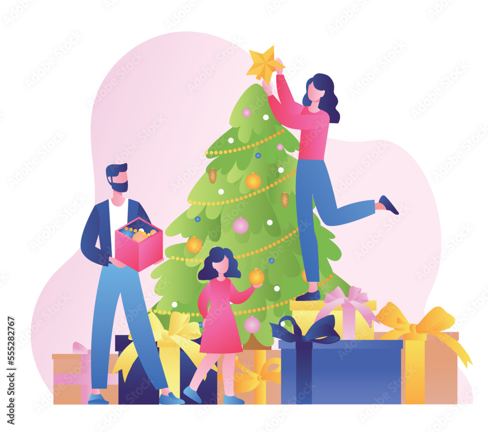 Obraz premium Decorate Christmas Tree. Happy family with gifts, presents and toys. New Year and Christmas, winter holidays. Comfort in apartment, parents with their daughter. Cartoon flat vector illustration
