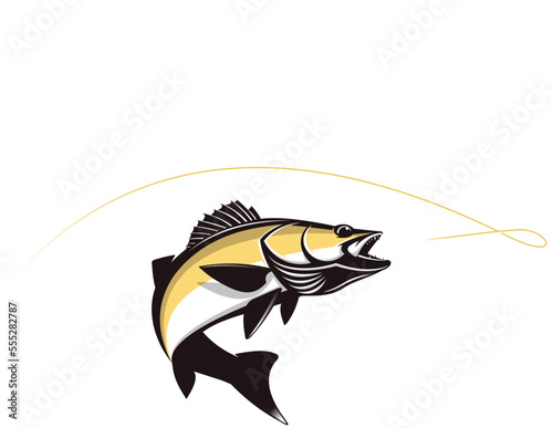 Walleye fishing Logo. Unique and fresh walleye fish jumping out of the water. Great to use as your walleye fishing activity.  photo