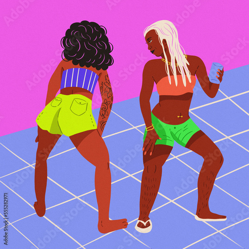 friends dancing funk pink background blue floor