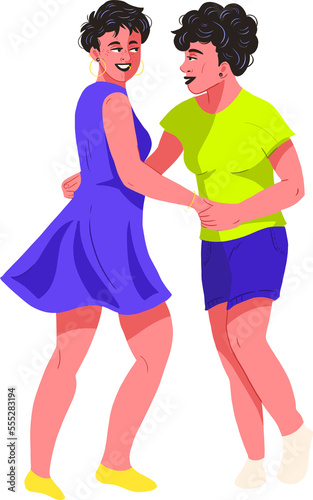 two women dancing purple dress green shirt transparent background