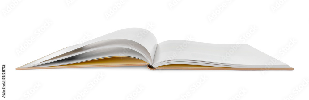 Fototapeta premium Open book with hard cover on white background