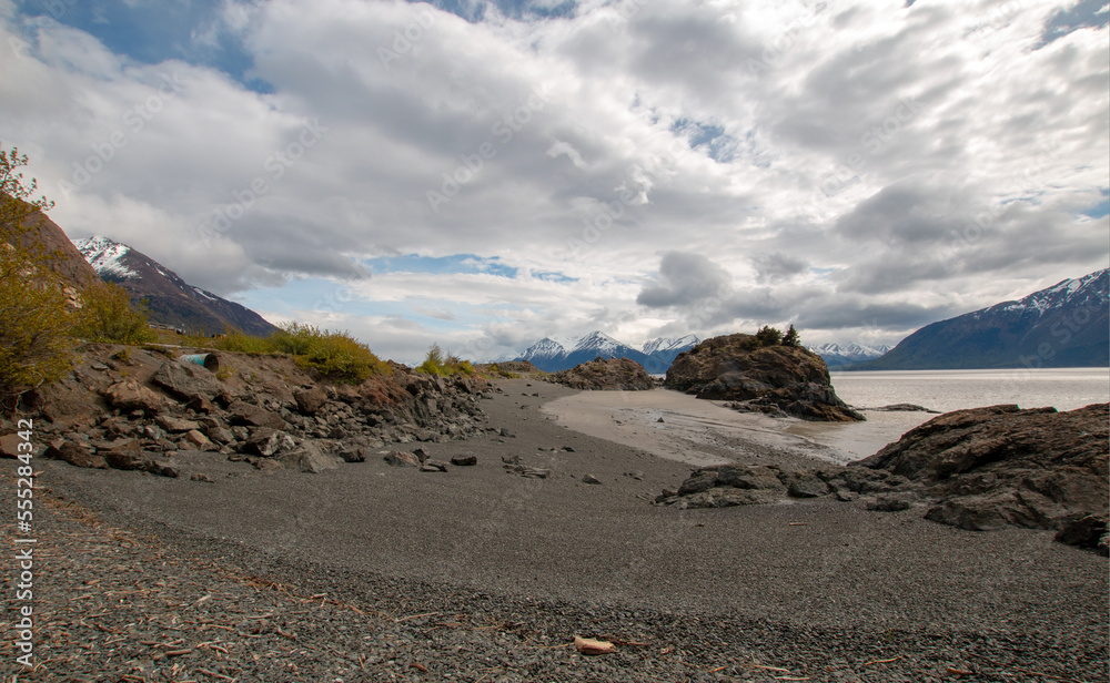 Sweeping gravel beach on the Turnagain Arm bay near Anchorage Alaska Uniited States