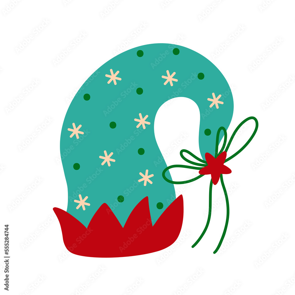 Christmas elf hat vector icon. A traditional green cap with red decor, star, bow and snowflakes. Santa Claus helper headwear. Flat cartoon clipart isolated on white. For prints, posters, cards, web