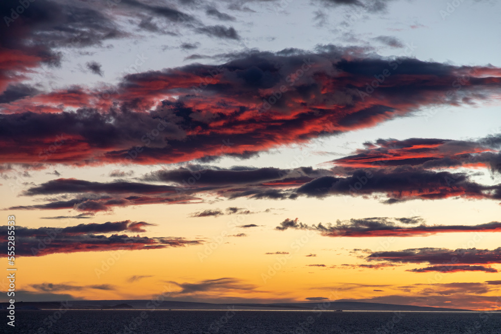 Antarctic sunset reflections on the Bransfield Strait in Antarctica