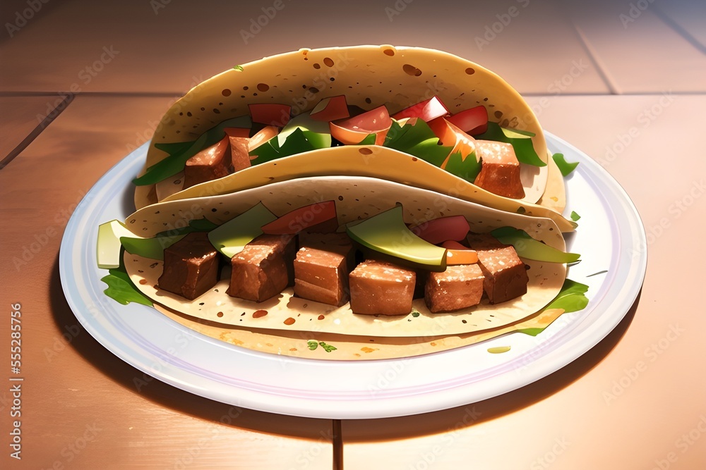 Delicious Mexican Tacos Latin American Food In Anime Style Digital Painting  Illustration ilustración de Stock | Adobe Stock