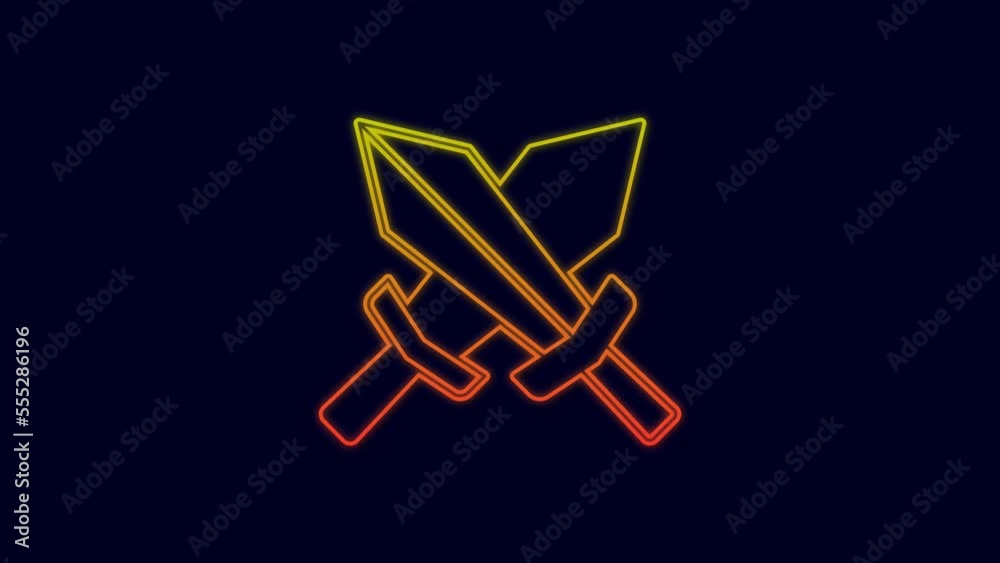 Glowing neon line Sword for game icon isolated on blue background. 4K Video motion graphic animation Glowing neon line Sword for game icon isolated on blue background. 4K Video motion graphic animation