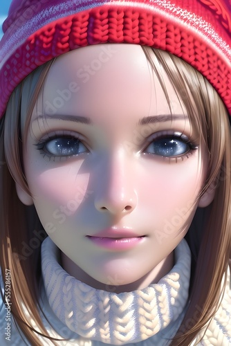 Beautiful woman portrait in front of a winter christmas tree Knit Turtleneck fleece Hat scarf in anime style digital painting illustration