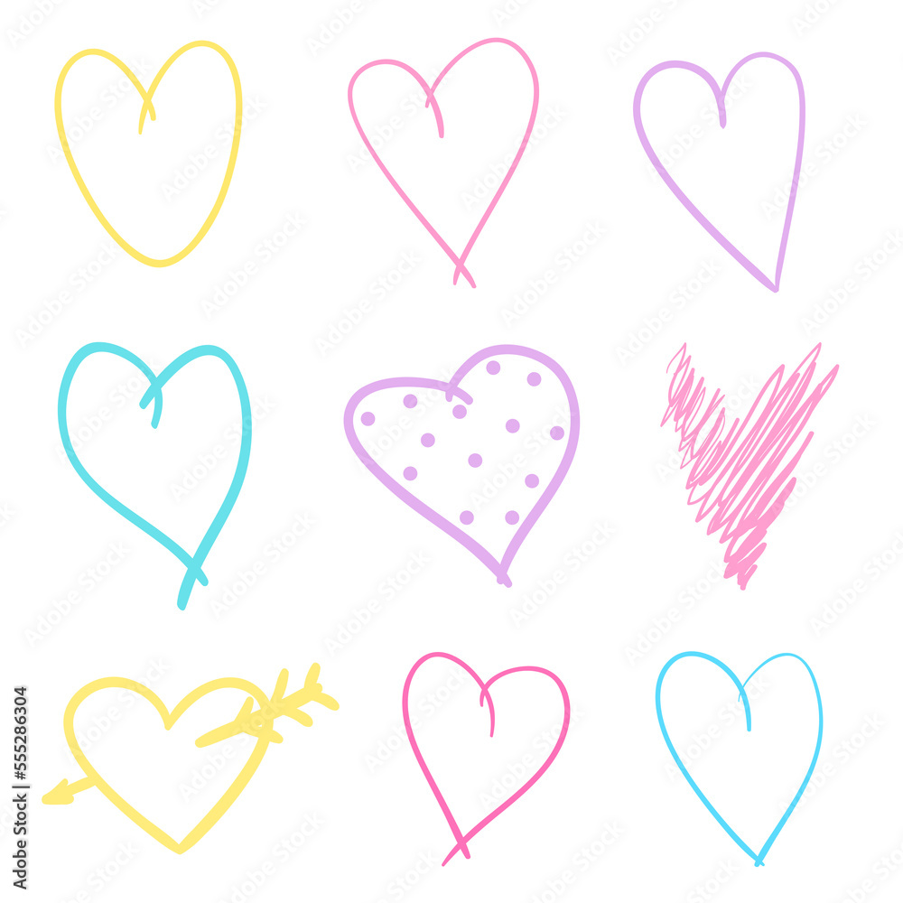 Multicolored sketchy hearts on isolated white background. Hand drawn set of love signs. Line art creation. Colored illustration. Elements for poster or flyer