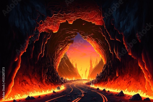 Fotografia Infernal highway, fiery cavern of doom. Generative AI