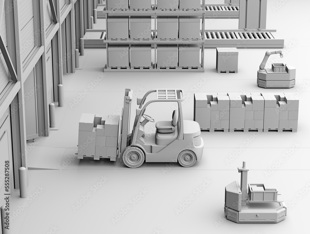 Clay rendering of electric forklift loading goods to truck. Modern