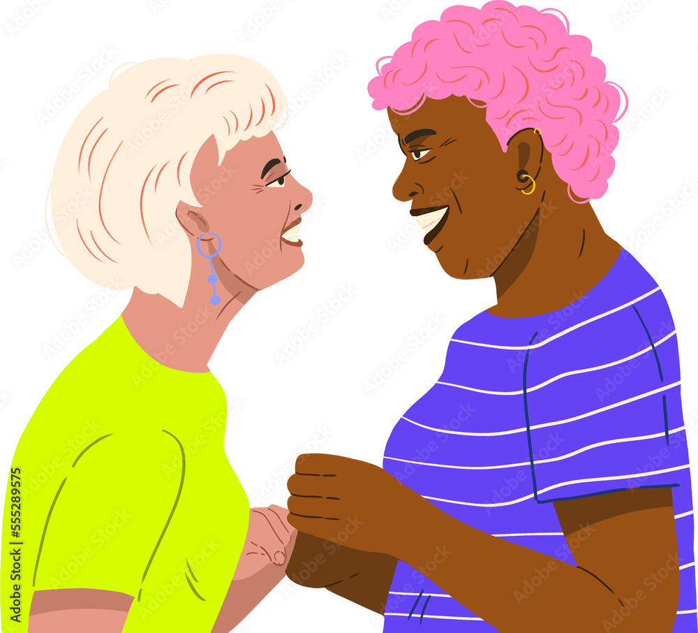 elderly interracial couple loving gaze transparent background